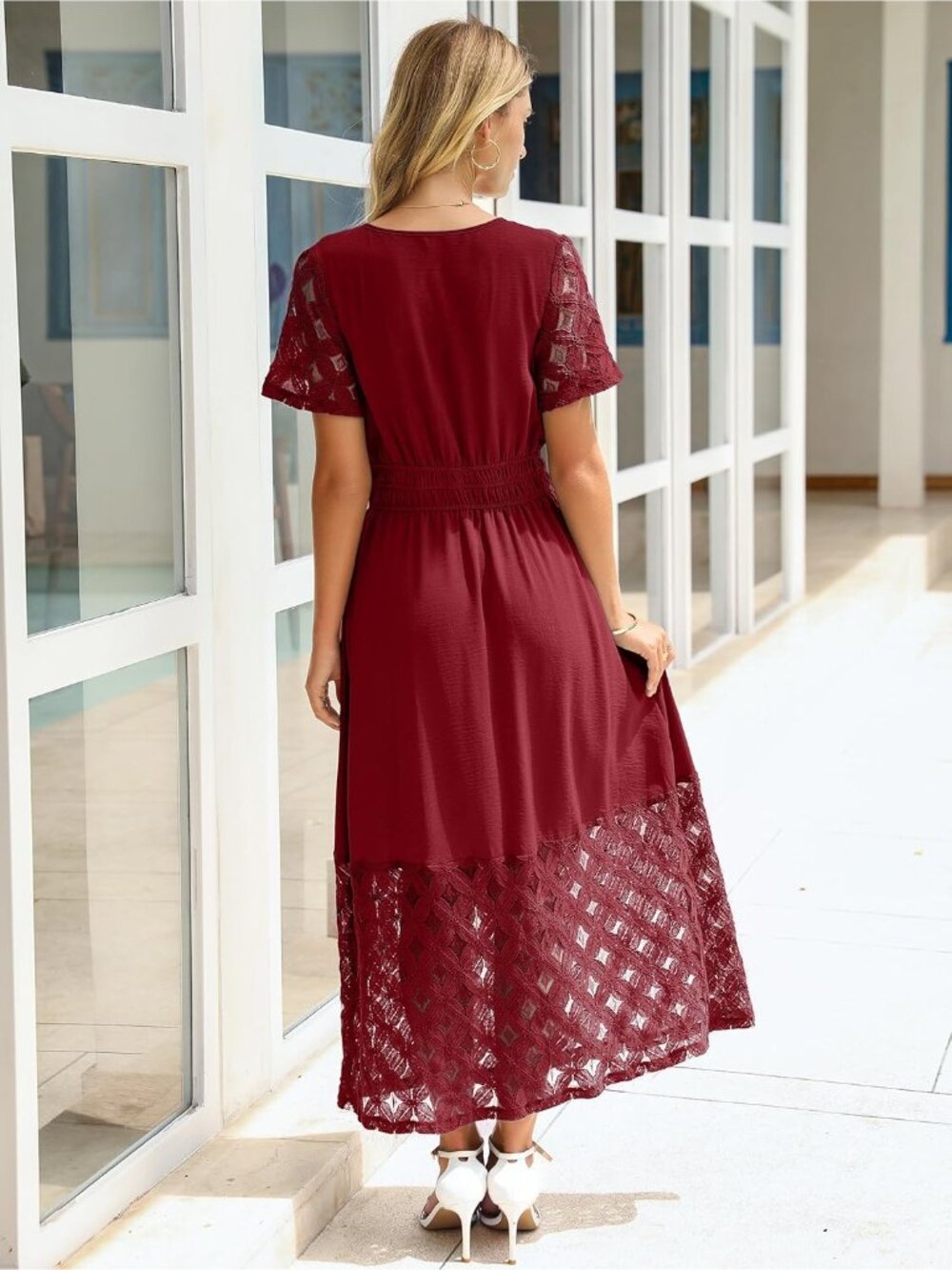 🆕 Women's Burgundy Short Sleeve V Neck Empire Waist Boho Pockets Maxi Dress - Picture 4 of 6